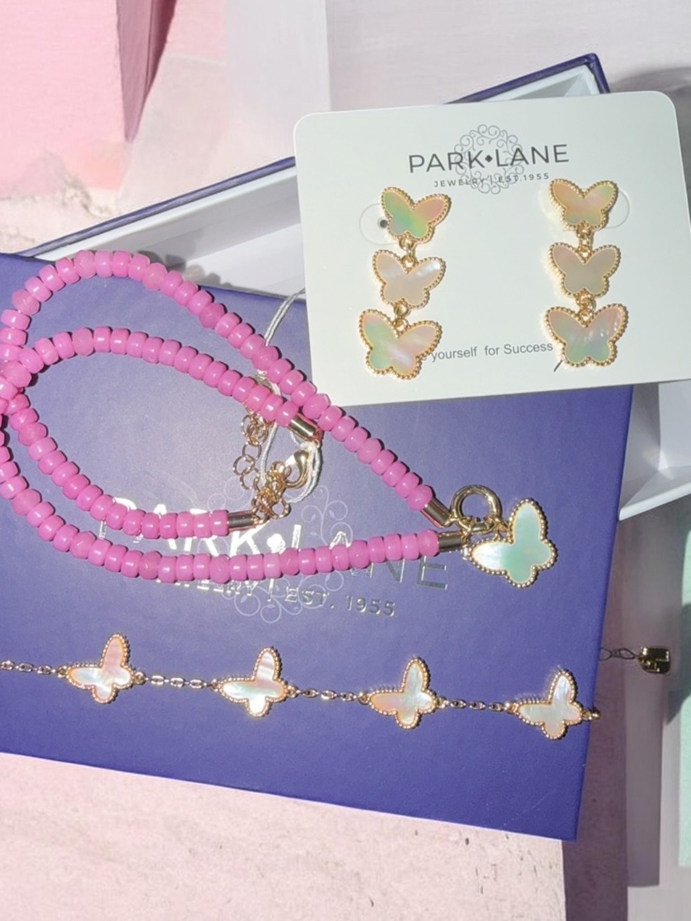 Park Lane Sparkle Box Pink Beaded Necklace and Opal Butterfly Jewelry Set